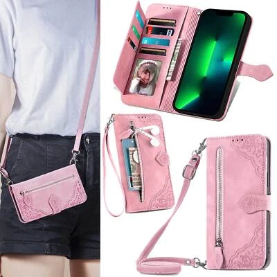 Pink Crossbody Leather Case Magnetic Flip Stand Zip Wallet Strap Lanyard Cover - Image 1 of 4