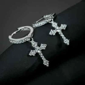 Iced 14K White Gold Plated Cross Drop Dangle Cubic Zirconia Men Women Earrings - Picture 1 of 19