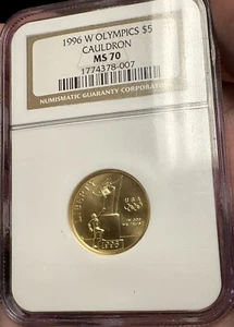 1996-W Olympics $5 Gold Cauldron MS70 - Picture 1 of 2