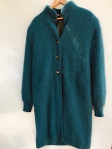 Fuzzy 80% Angora Sweater CONNIE A. LEE Green Cardigan S/M  VTG Coquette - Picture 1 of 5