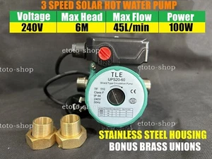 240V 3 Speed Solar Hot Water Circulation Pump Replaces Grundfos Stainless Steel - Picture 1 of 3