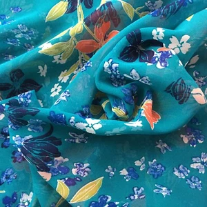 Aqua Floral Turquoise CHIFFON Sheer SLOW Lingerie curtains Shawl Fabric 60" YD - Picture 1 of 7