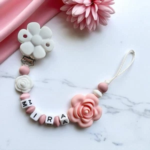 Schnullerkette Silikon Nuckelkette mit Namen rosa altrosa Weiß Mädchen Blume - Bild 1 von 1