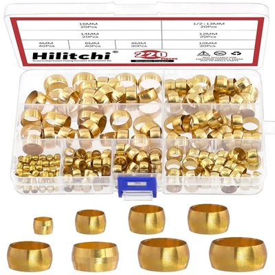 8Sizes Tube OD 4mm-16mm Brass Compression Sleeves Ferrules Compression Fittin... - Image 1 of 4