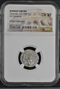 . Roman Empire AD 198-217 AR Denarius Caracalla NGC Ancients Ch XF SPQR Collecti - Picture 1 of 2