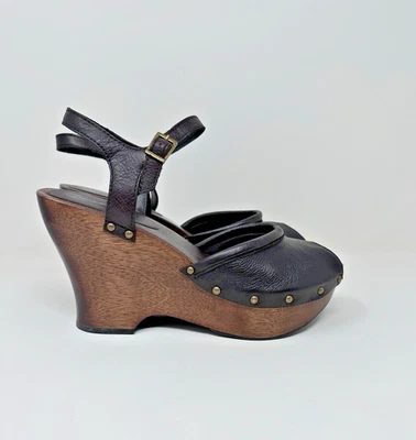 Mia Womens 9 Studed  Clogs Sandals Black Leather Wood Heel Peep Toe - Image 1 of 4