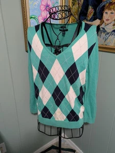 Tommy Hilfiger Ladies Size L Green Blue Argyle Cotton Knit Sweater - Picture 1 of 4