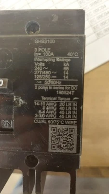 Disyuntor atornillable Eaton Cutler-Hammer GHB3100 100A 480 Vac 125/250 Vdc - Imagen 1 de 3