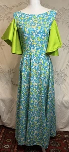 VINTAGE Blue Teal Flutter Sleeve Rhinestone Maxi Mermaid Dress 28”w 36”B Small - Picture 1 of 6