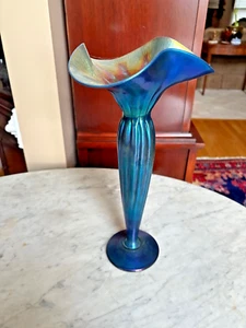 Lundberg Studios Large Blue purple & gold  Ribbed Corset Vase  Signed dated 2003 - Picture 1 of 6