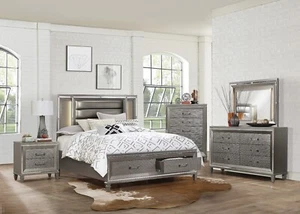 4 PC SILVER GREY METALLIC LED EMBOSSED STORAGE KING BED NS DRESSER FURNITURE - Picture 1 of 18