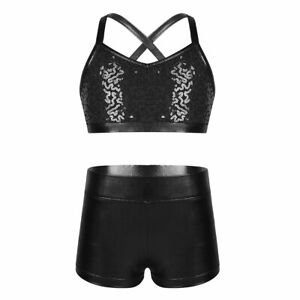 iEFiEL Kids Girls Crop Top Booty Shorts Sports Dance Gymnastics Swimming Outfits