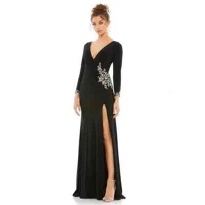 Mac Duggal Dress Womens Size 6 Black Floral Embellished Wrap Long Sleeve Gown - Picture 1 of 13
