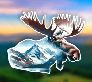 CABEZA DE ALCE con Montañas de Invierno - Calcomanía de Vinilo Adhesiva 6.0" (h) x 7.50" (w) - Imagen 1 de 4