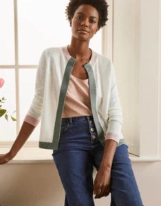 Boden 2 US Cardigan Stripe Trim 100% Linen Knit Ivory Colourblock Coastal - Picture 1 of 8