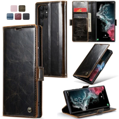 Retro Leather Flip Wallet Case For Samsung Note20 S22U S23 Ultra Magnetic Cover - Image 1 of 4