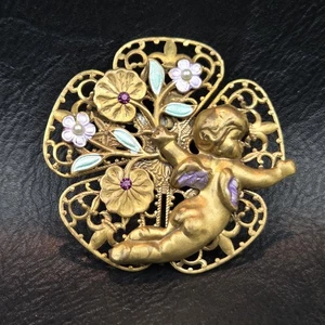 Broche prendedor latón tono dorado filigrana querubín flores floral decoración nuevo sin marca - Imagen 1 de 12