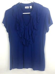 Cato Women's Solid Royal Blue Round Split Neck Ruffle Accent Short Cap Sleeve L - Picture 1 of 9