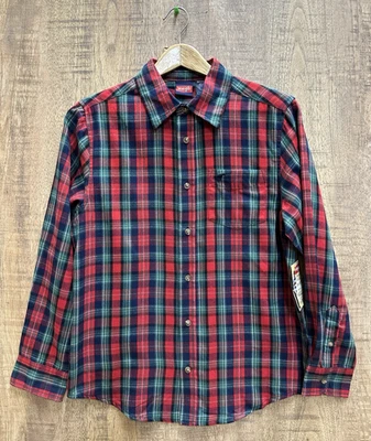 牧马人男孩青年尺寸 XL 14 至 16 红色海军蓝格子口袋纽扣衬衫 — 第 1/4 张图片
