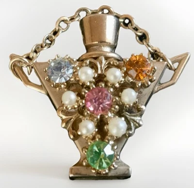 Vintage Fruit-Salad Mini PERFUME BOTTLE PENDANT Gold-Tone Rhinestones~ Pearl - Image 1 of 4