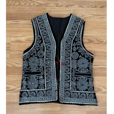 Afghan Black Velvet Waistcoat With Mirrorwork Silver Embroidery  - Image 1 of 4