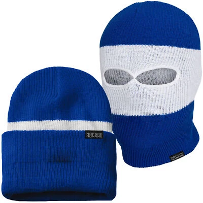 NO FACE NO NAME Sturmhaube / Mütze 2 in 1 Blau Weiß Maske Beanie Balaclava Ultras Ski Hooligans