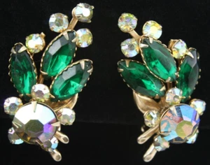 Vintage Stunning Large Aurora Borealis Green Clip Earrings 1.75" Juliana Style* - Picture 1 of 7