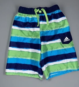 Adidas Swim Trunks Swimming Pocket Logo Striped Green Blue Boys Size M (10-12) - Picture 1 of 2