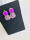 Goldtoned evening Pierced Earrings Purple Enamel + Drop Stones 2.5cms