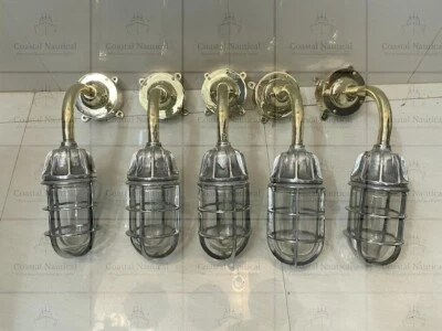 Lot of 5 Nautical Aluminum & Brass Wall Sconce Lamps with Junction Box - Image 1 of 4