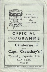 Camborne v Capt Crawshay's XV 25 Sep 1963 RUGBY PROGRAMME - Picture 1 of 2