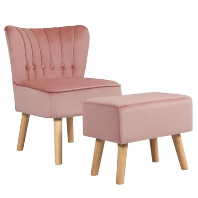 Leisure Chair and Ottoman Thick Padded Button Tufted Sofa Set w/ Wood Legs Pink - Image 1 of 4