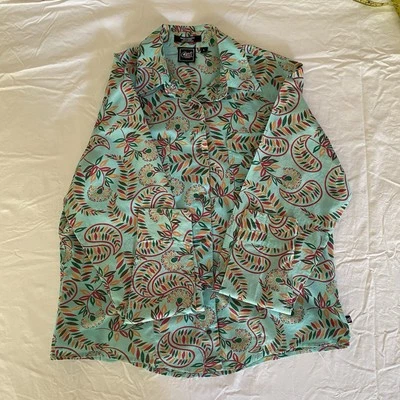 Cruel Girl Western Shirt Girls Size L Teal Multi Colored Leaves Jewel Snap - Image 1 of 4