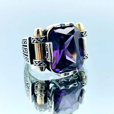 Anillo de plata de ley 925 amatista simulada hecho a mano auténtico regalo para él para él Foto 1 de 4