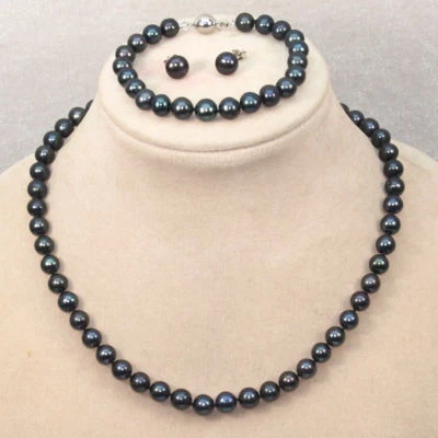 7-8mm Genuine Natural Freshwater Black Pearl Necklace Bracelet Earrings Set 18'' - Image 1 of 4
