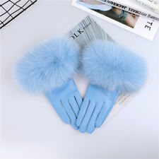 Women's Real Sheepskin Leather Gloves Fox Fur Cuffs Mittens Winter Warm Glove 