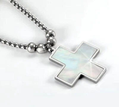 316L EDELSTAHL *** Großer Perlmutt Kreuz Anhänger 30mm, Kette 50-55cm Kreuzkette - Bild 1 von 4
