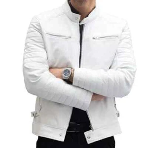 New Men Jacket White Leather Jacket Genuine Lambskin Leather Biker Motorcycle - Picture 1 of 7