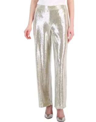 NWT Ann Klein Silver Sequin Mid-rise Wide-leg Lined Pull-on Pants Size 16 - Image 1 of 4