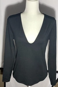 Future Collective Women Top Deep V-Neck Open-Back Long-Sleeve Black M Y2K Style - Picture 1 of 6