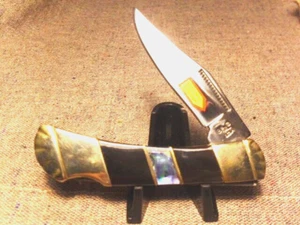 CLASSIC POCKET KNIFE LOCKBACK WARRIOR ABALONE & CAPE BUFFALO HORN HANDLES 3-1/2" - Picture 1 of 10