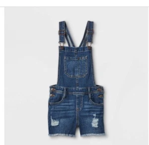 New! Girls' Destructed Jean Shortalls - Cat & Jack Dark Wash XXL (18) Plus  Size - Picture 1 of 1