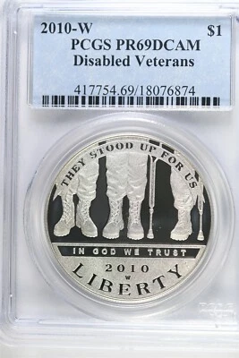 2010 W Proof Disabled Vets $1.00 Silver COMMEMORATIVE - PCGS PR 69 DCAM - Image 1 of 2