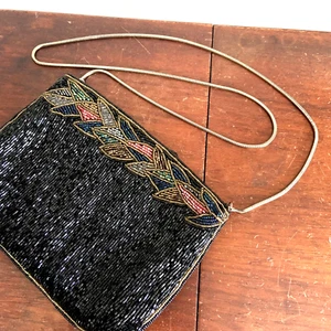 Vintage Magid Black Floral beaded purse clutch w optional crossbody slinky strap - Picture 1 of 10