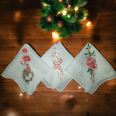 Vintage Ladies Hankerchiefs Christmas Embroidered Lot Of 3 Holiday Traditions  - Image 1 of 4