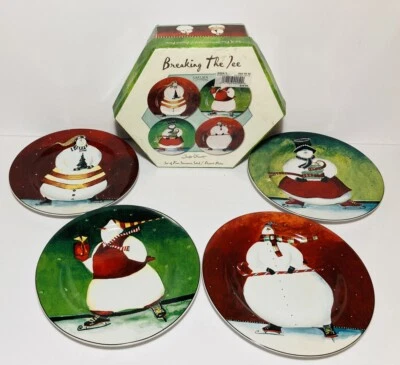 Xmas Snowman Salad Dessert Plates Breaking The Ice Sakura Set of 4 NEW - Image 1 of 4