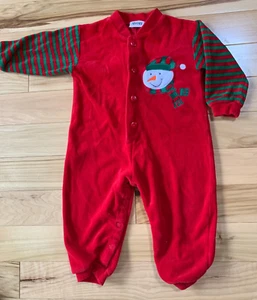 HOLIDAY Red & Green Velour One Piece Embroidered SNOWMAN 9-12 Mo By AVON Vintage - Picture 1 of 5