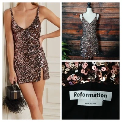 Reformation Dress XS Jimmy Sparkle All Over Sequin Mini Side Slit Lined Stretch  - Image 1 of 4