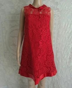MOD RED SATIN & LACE Vintage 1960s Mini A-line PARTY COCKTAIL DRESS - S / M - Picture 1 of 13