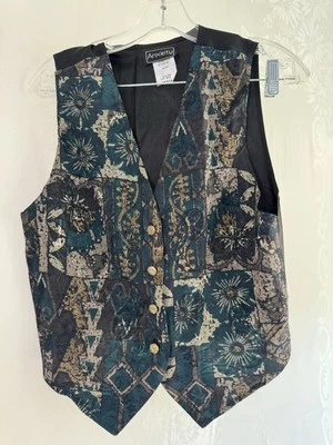 Colete Ansiedade Vintage Floral Patch Dourado Metal Botão Frontal EUA Médio - Imagem 1 de 4